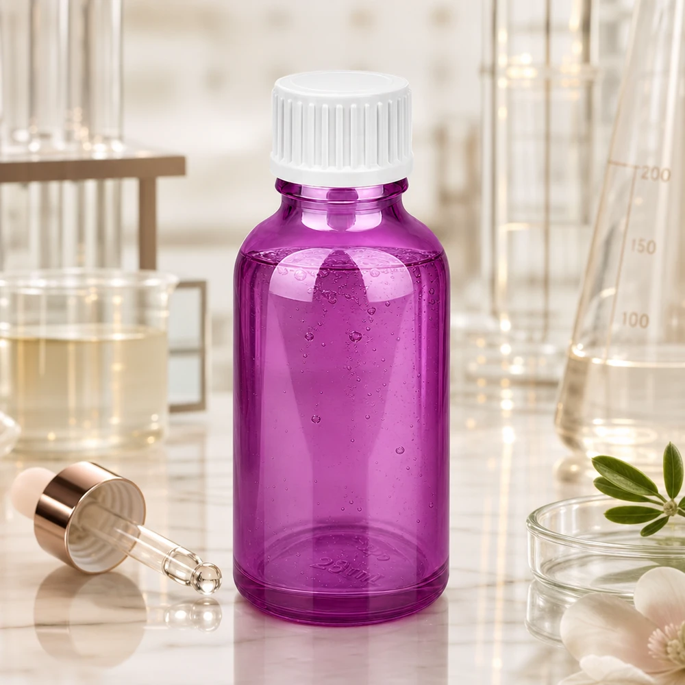 30ml (pallomainen) pullo. 3mm valutusrengas valkoinen Standard PurpleLine. UT18/30 Violetti apteekkipullo 30ml korkealaatuisesta lasista, jossa on lapsiturvallinen kierrekorkki.