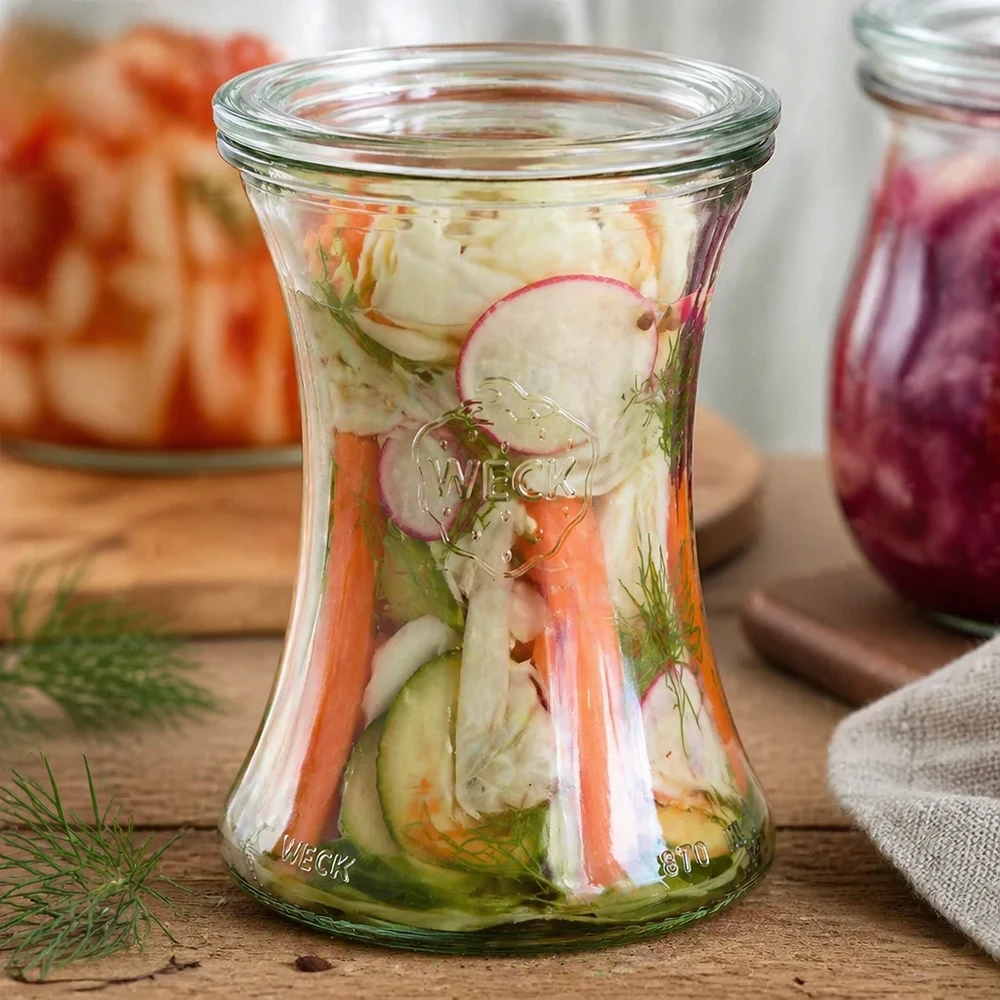 370 ml:n herkkupurkki lasikannella, WECK RR80 WECK herkkupurkki 370ml RR80 täynnä marinoituja vihanneksia ja tilliä osoittaa monipuolisen käytön säilöntään.