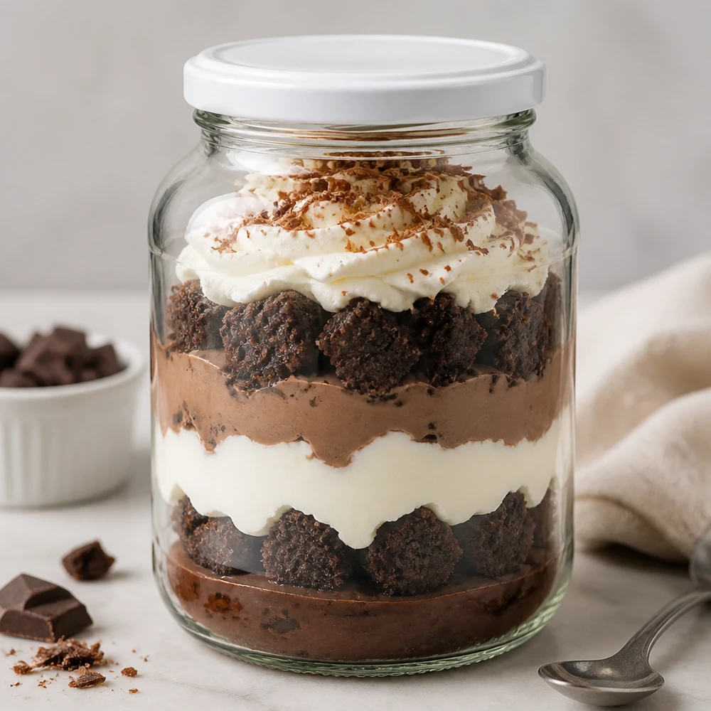370ml soikea UNiTWIST-purkki valkoisella BasicSeal-kannella, joka on täytetty suklaa-tiramisu jälkiruoalla, joka sopii täydellisesti annosteluun.