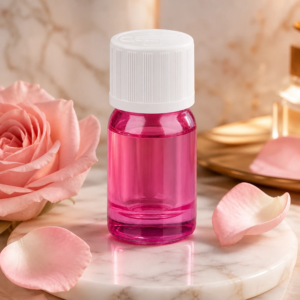 5ml pullo 11mm kierrekorkki valkoinen vakio lapsiturvallinen PurpleLine UT18/5 Kompakti 5ml violetti lasipullo, jossa on lapsilukko, ihanteellinen hajuvesille ja esansseille.