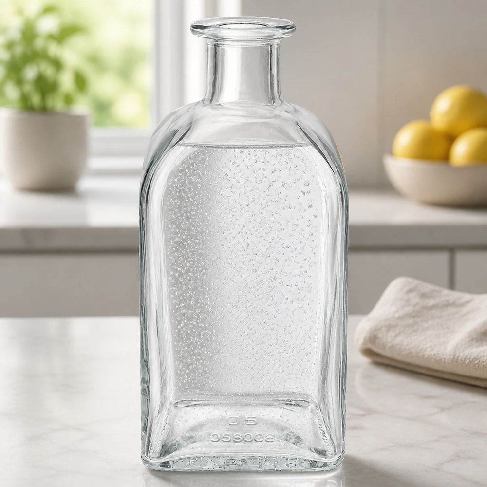 500ml Julia-lasipullo modernissa keittiössä marmoritiskillä vesipisaroiden ja luonnonvalon kanssa