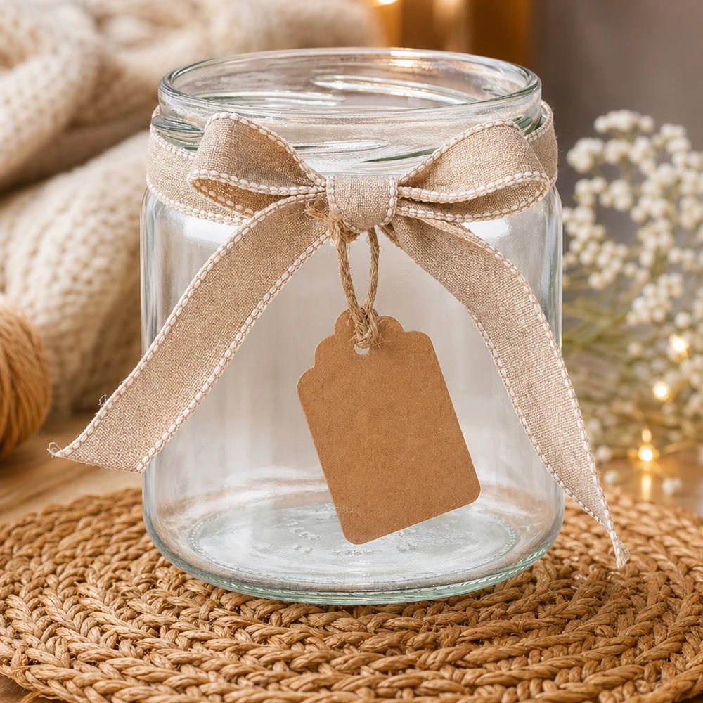 408ml pyöreä purkki ilman kantta (TO82) UNiTWIST UNiTWIST UNiTWIST Runda408 Rundglas 408ml TO82 dekorativ mit Schleifenband und Anhänger als Geschenkverpackung auf Flechtmatte