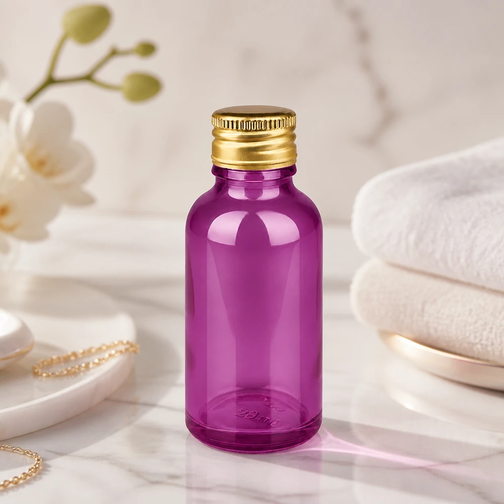 30ml violetti lasipullo, jossa on kiiltävä pinta ja kultainen alumiinikorkki laadukkaille seerumeille.