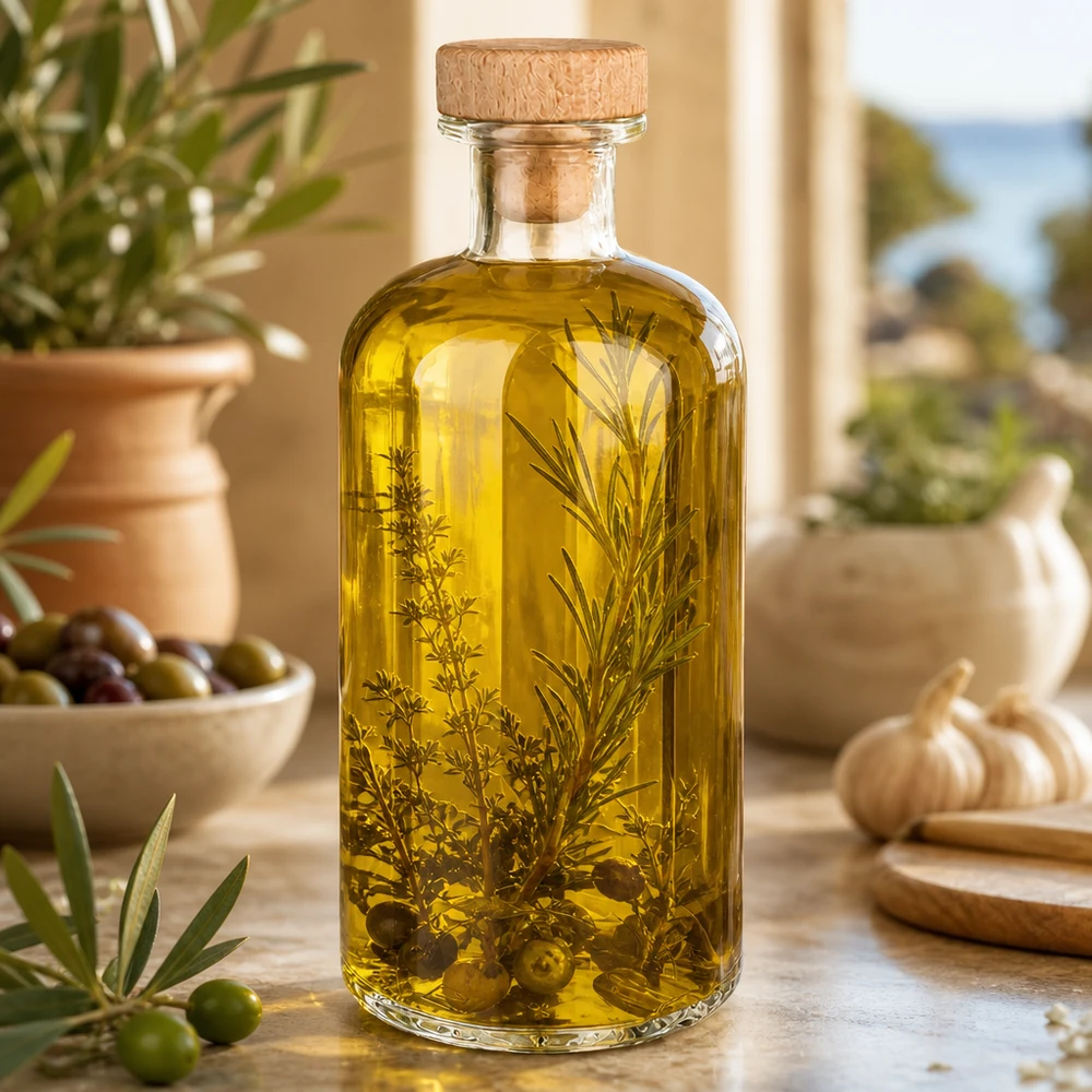 500ml Glasflasche "Flora" mit Holzgriff-Korken UNiTWIST Lasi pullo Flora 500ml täynnä yrttiöljyä oliivien, rosmariinin ja valkosipulin välissä Välimeren keittiön tunnelma