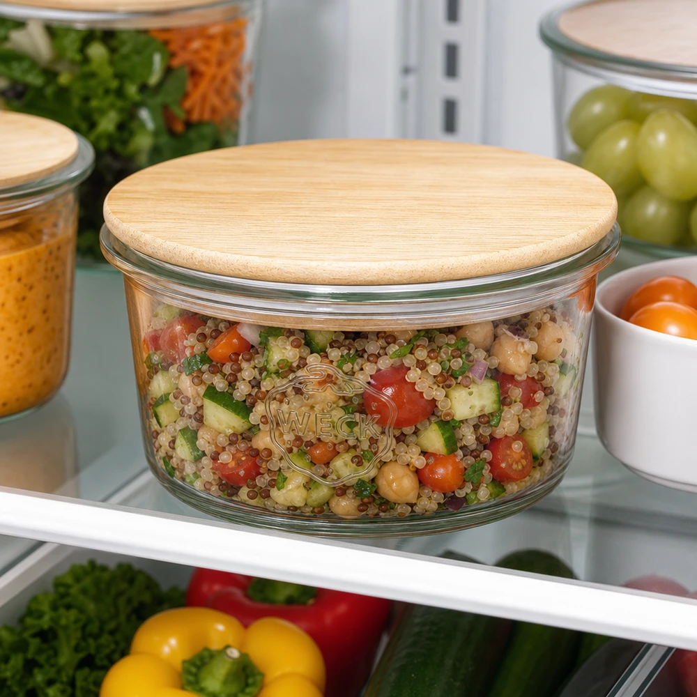 WECK Mini Sturzglas 50ml mit Quinoa-Salat gefüllt im Kühlschrank - perfekt für Meal Prep und gesunde Vorratshaltung