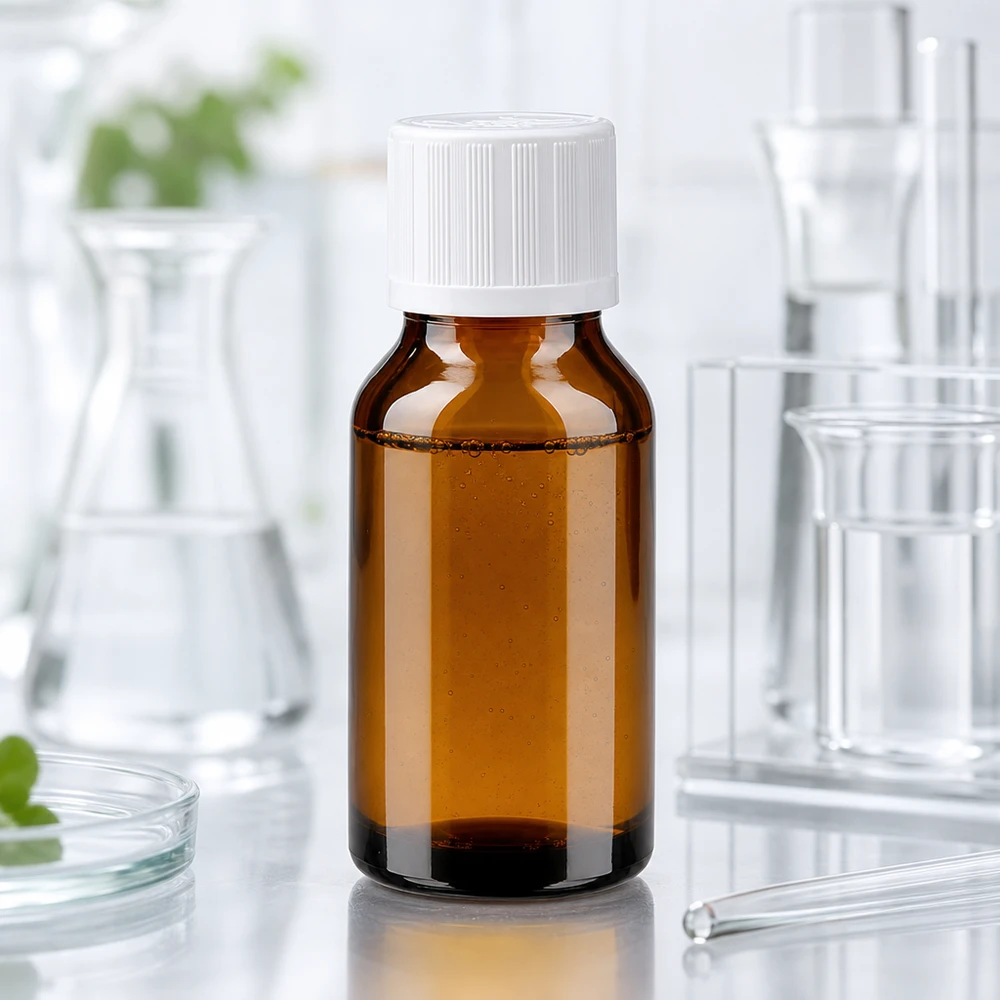 Apteekkipullo ruskea 15ml kierrekorkki valkoinen Lapsiturvallinen standardi 15 ml:n apteekkipullo, ruskeaa lasia, valkoisella lapsiturvallisella korkilla, laboratoriotaustalla