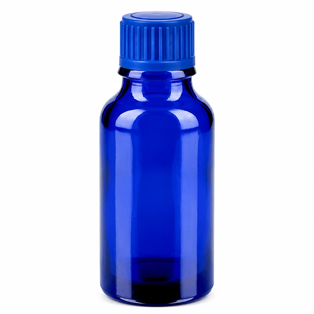 20ml sininen lasipullo 11mm kierrekorkilla eteerisille öljyille ja esansseille.