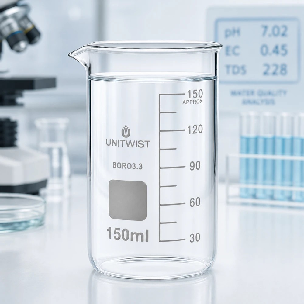 UNITWIST-mitta-astia, 150 ml, korkea malli, borosilikaattilasia 3.3, kirkkaalla vedellä ja mitta-asteikolla, laboratoriokäyttöön