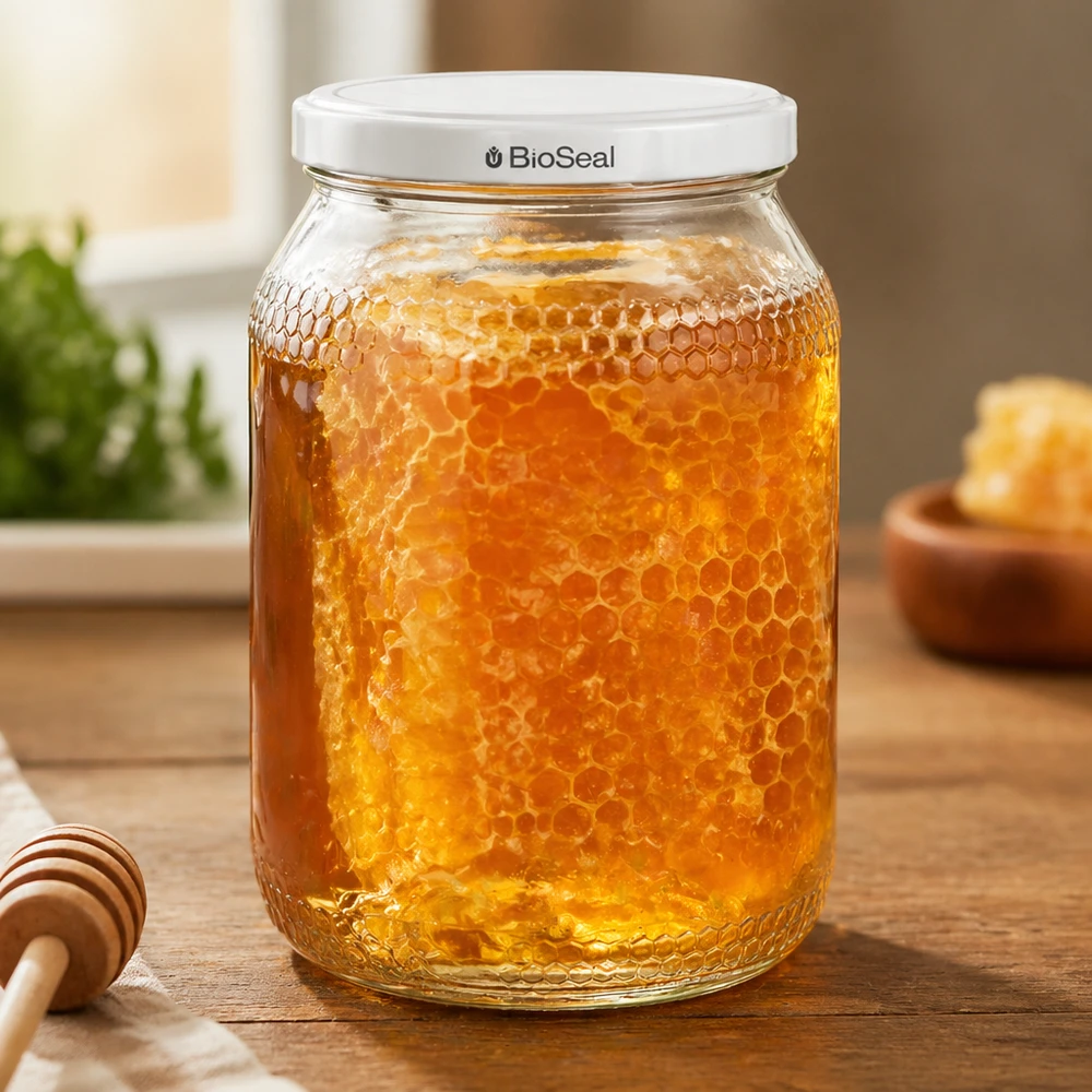 1260g Honigglas + BioSeal Deckel weiß UNiTWIST 900ml hunajapurkki, jossa on BioSeal-kansi, täynnä hunajakennoa puupöydällä hunajalusikan vieressä lämpimässä keittiössä.