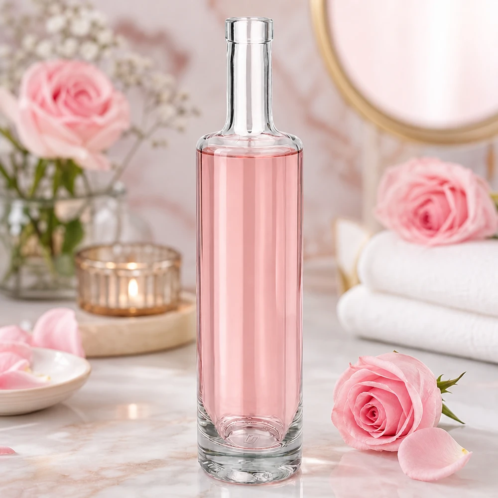 500ml Glasflasche "Centurio" ohne Verschluss UNiTWIST® 500ml Lina-lasipullo, jossa on vaaleanpunainen sisältö romanttisessa kylpylätunnelmassa, jossa on vaaleanpunaisia ruusuja ja wellness-koristeita.
