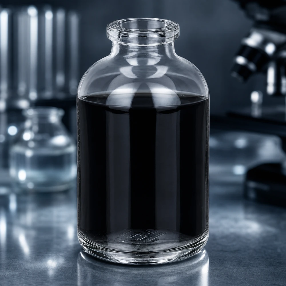 Injektiopullo kirkasta lasia 50ml Hochwertige Klarglas Injektionsflasche 50ml mit schwarzem Reagenz im wissenschaftlichen Labor