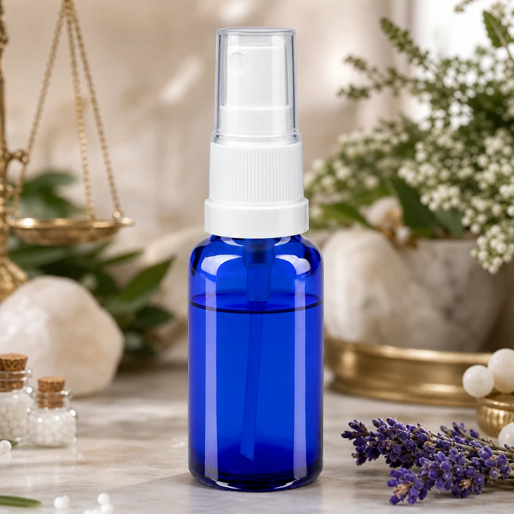 Sininen 20 ml:n apteekkisuihkepullo, jossa on valkoinen pumppupää, laventelin ja homeopaattisten rakeiden vieressä