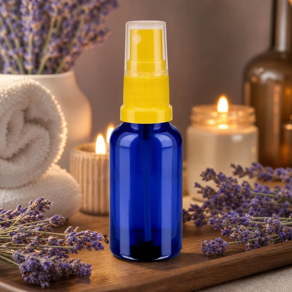 Laadukas BlueLine-suihkupullo 30ml, jossa on läpinäkyvä suihkupää aromaterapiaan ja hyvinvointiin.