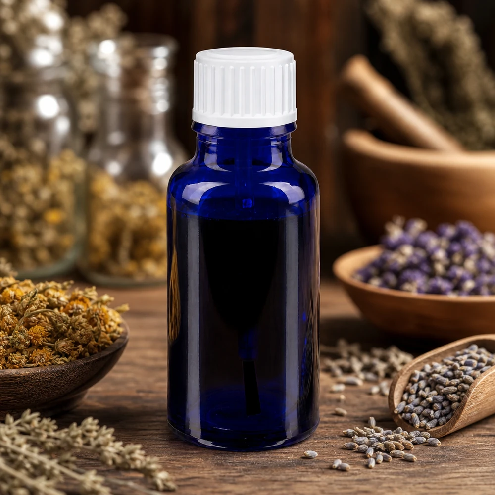 Apteekkipullo sininen 20ml ruuvikorkki valkoinen sivellinlaite Sininen 20 ml:n apteekkipullo, jossa on valkoinen korkki ja jota ympäröivät laventeli ja yrtit