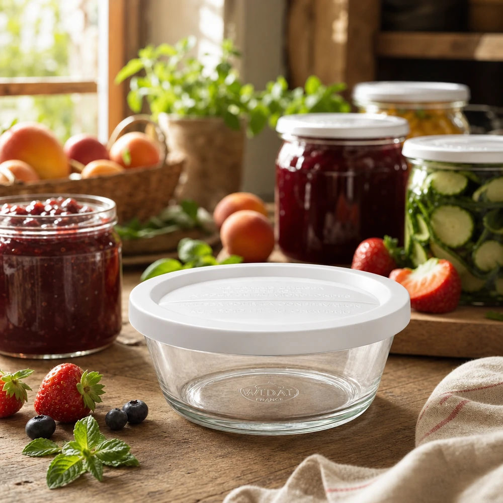 300ml gourmet-purkki tuoreella kannella. WECK RR120 WECK Gourmetglas RR120 in gemütlicher Küche mit Einmachgläsern und frischen Früchten für moderne Vorratshaltung