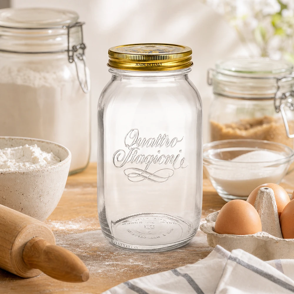 1500ml pyöreä purkki "Quattro Stagioni", jossa on kansi. Quattro Stagioni 1500ml säilöntäpurkki leipomossa jauhojen munien kanssa vyörytystappi italialainen säilöntäpurkki keittiövälineet