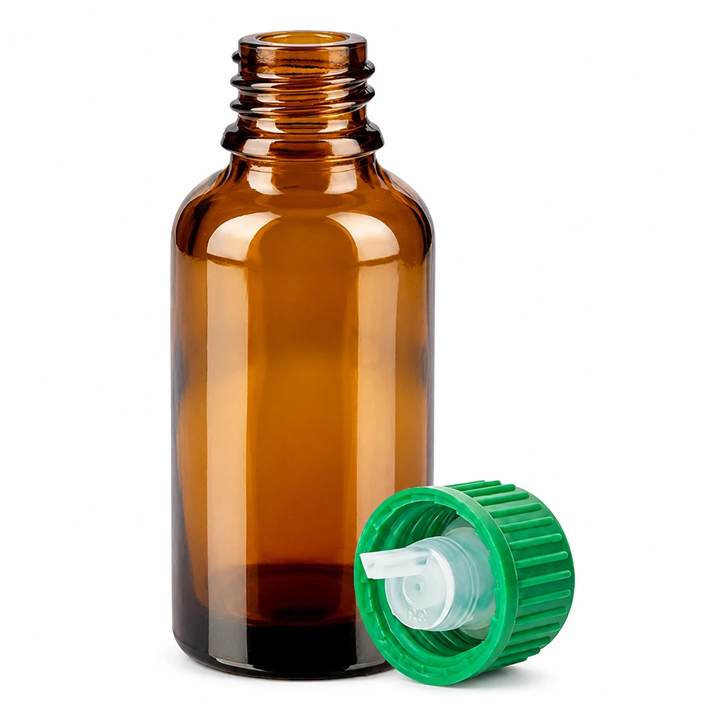 30ml tippapullo 0.8mm vihreä vakiokorkki BrownLine UT18/30 30ml tippapullo meripihkanväristä lasia, jossa on 0.8mm aukko eteeristen öljyjen hienojakoista annostelua varten.