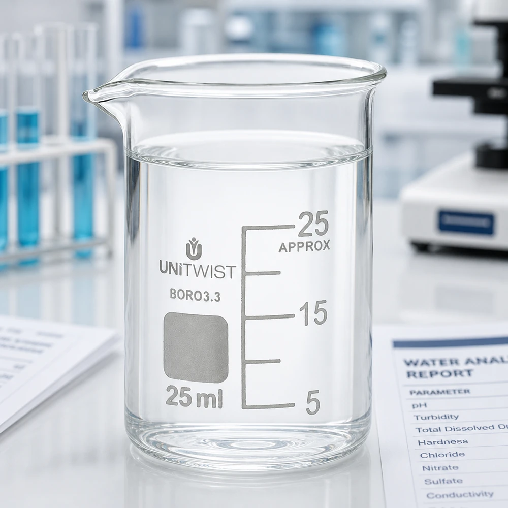 25 ml:n dekantterilasi, borosilikaattia, matala muotti UNiTWIST UNiTWIST:n matala 25 ml:n mitta-astia, mukana veden analyysiraportti ja mikroskooppi laboratoriossa
