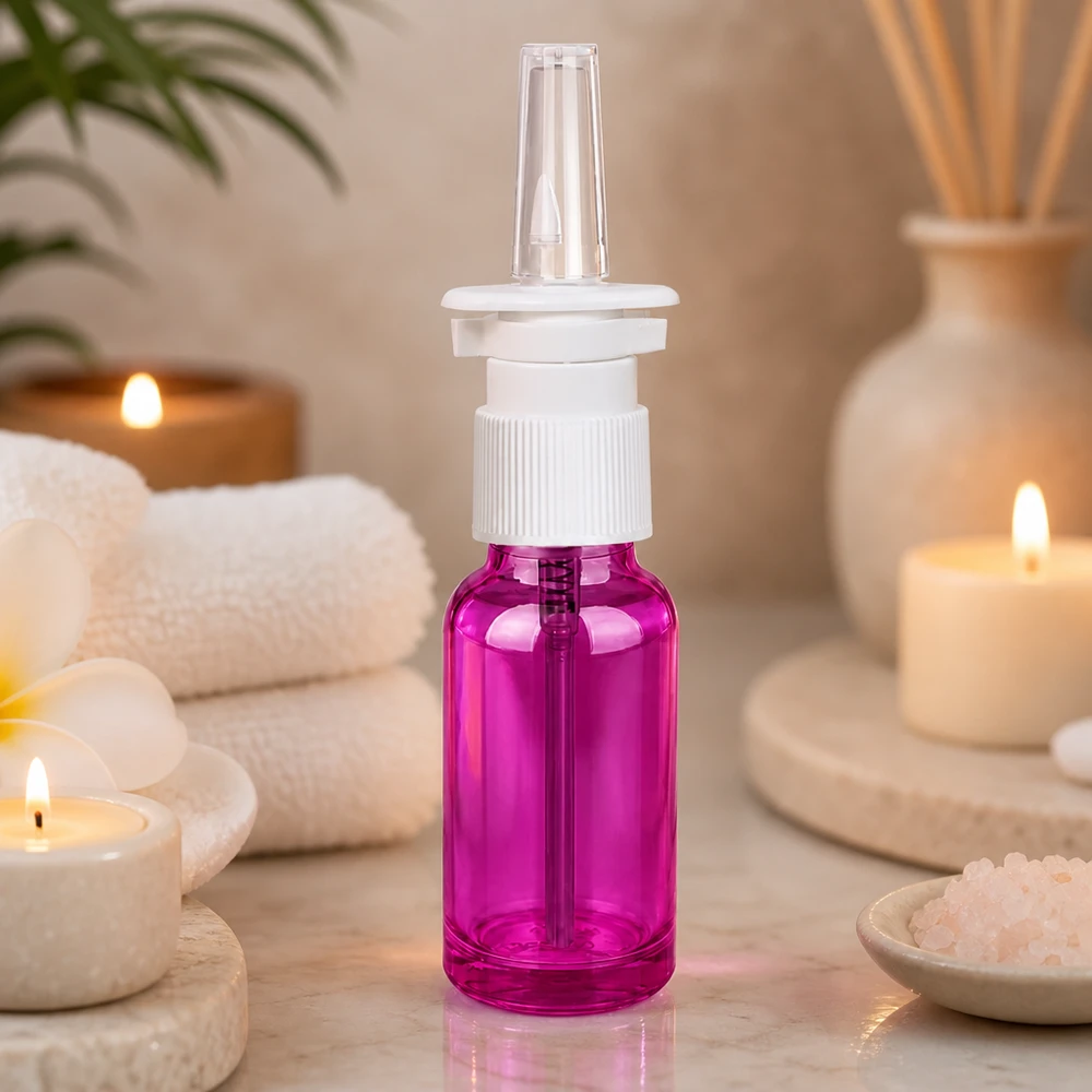 Kompakti 20 ml:n nenäsumutepullo, jossa on STD-kierre, violetti, lääketieteellisiin sovelluksiin.