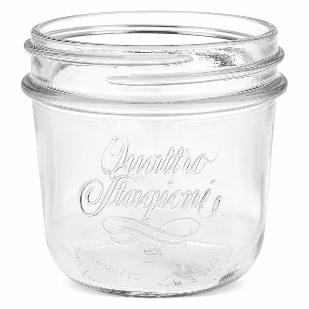 200ml juomapullot "Quattro Stagioni" QS86mm 200ml Quattro Stagioni säilöntätölkki kirkkaasta lasista, jossa on kohokuvioitu logo, ilman kantta säilöntään ja säilytykseen.