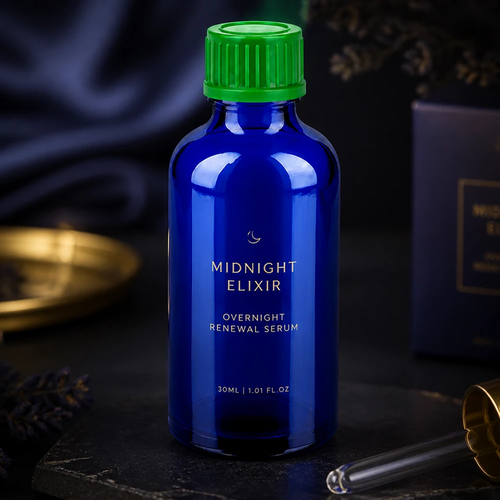 50ml kobolttilasia sisältävä pullo, jossa on vihreä, uurrettu korkki seerumien turvalliseen säilytykseen