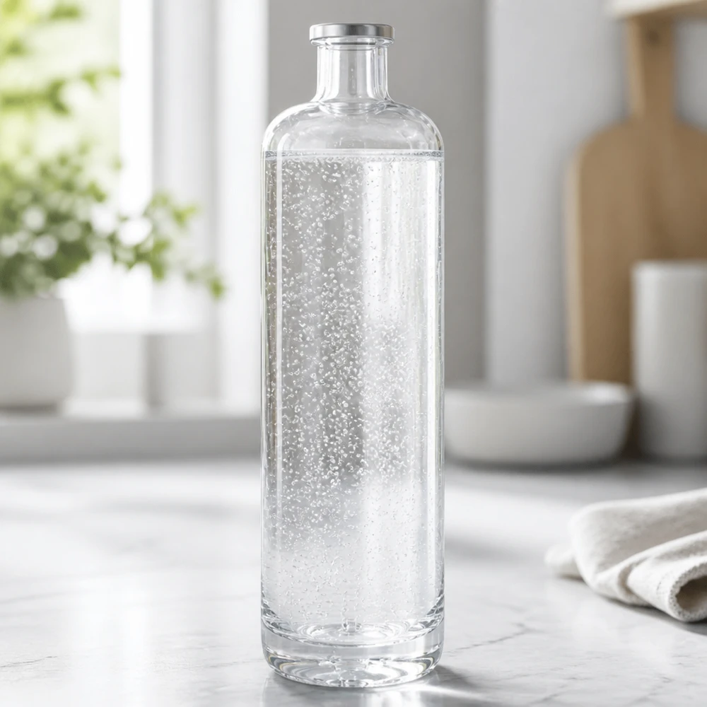 700 ml:n Ella-lasipullo täynnä kuohuvaa kivennäisvettä vaalealla keittiön työtasolla modernissa ympäristössä.