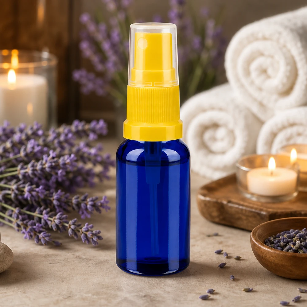 20ml suihkepullo keltainen/läpinäkyvä vakiokorkki BlueLine UT18/20 20ml suihkepullo keltaisella suihkepumpulla BlueLine UT18/20 eteerisille öljyille.