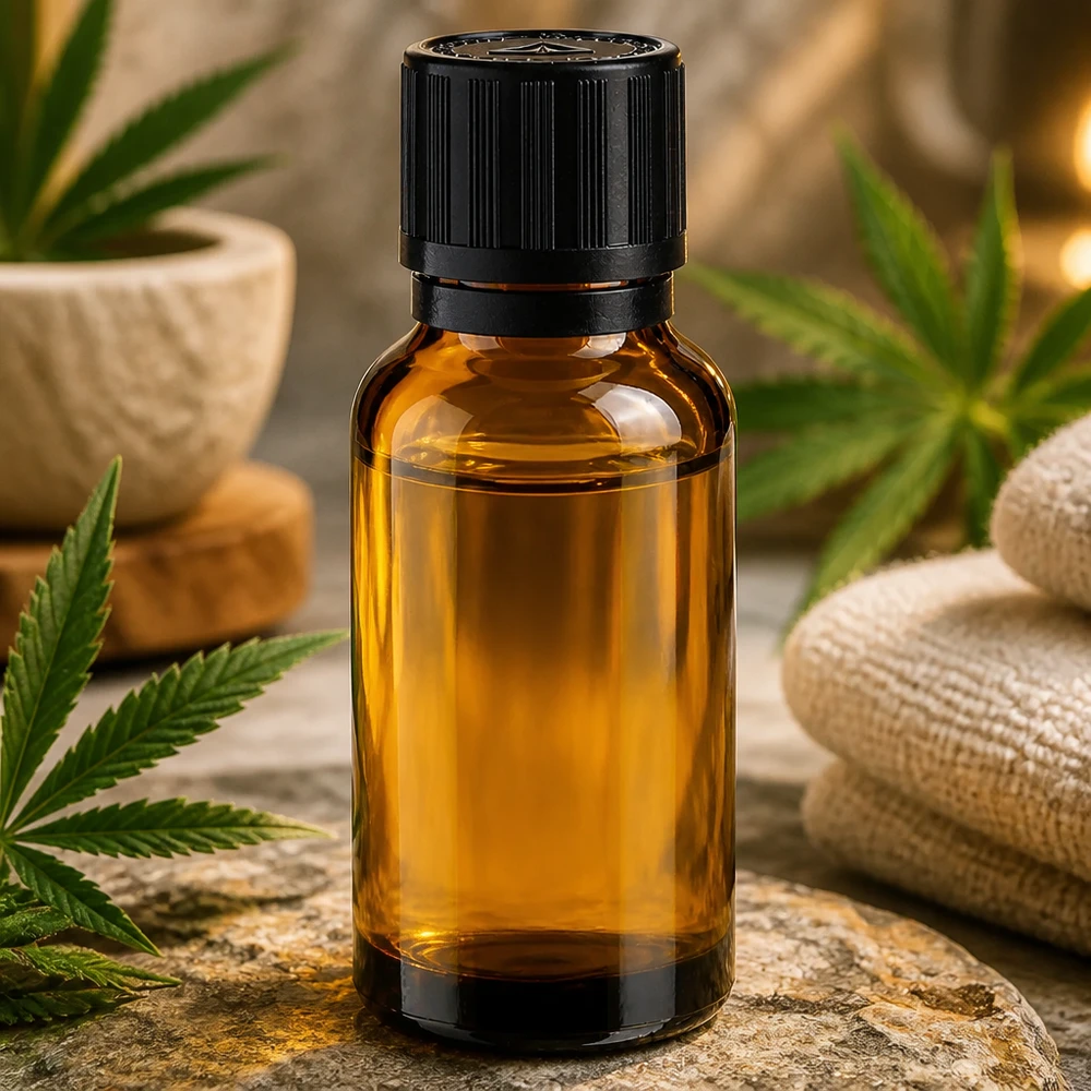 20 ml:n apteekkilaatuinen ruskealasi-pullo, jossa on musta lapsiturvallinen korkki kannabiksen lehtien keskellä