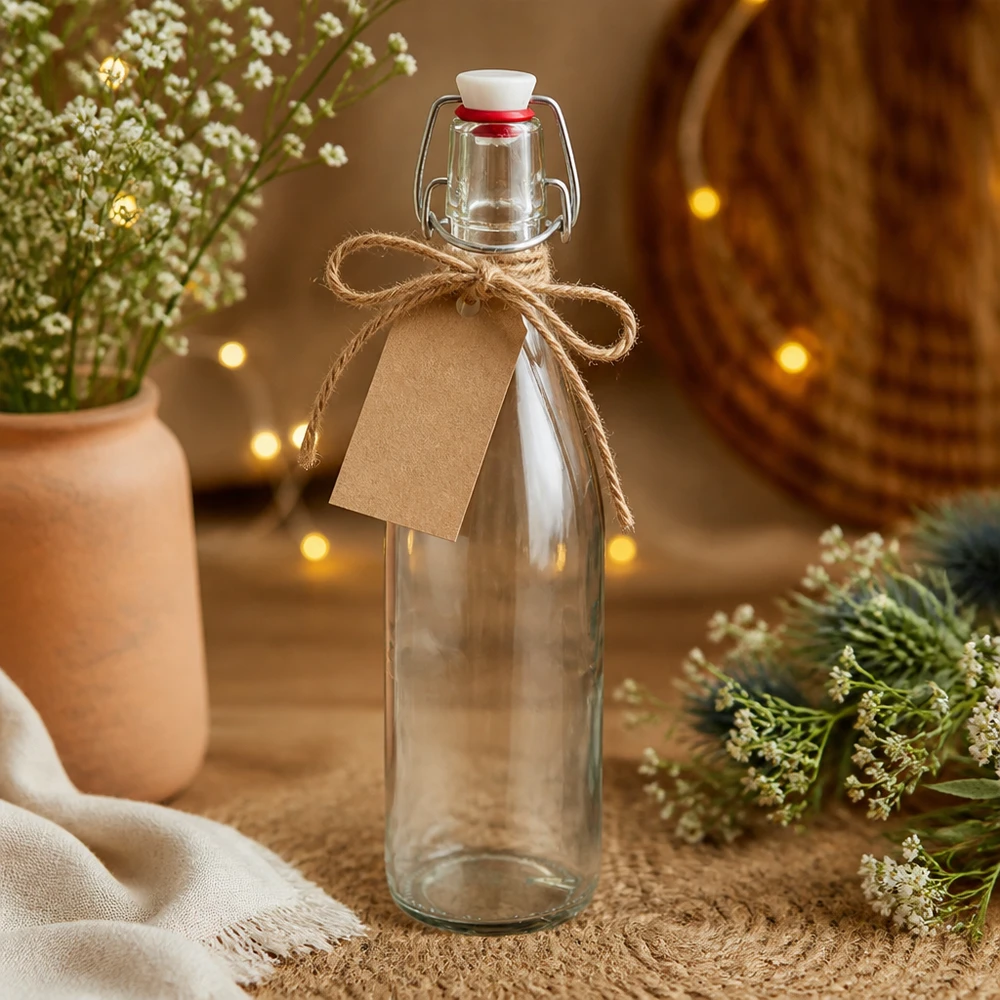 Lasipullo 500ml swing top posliini lahjaksi koristeltu voimapaperilappu ja juuttinauha.