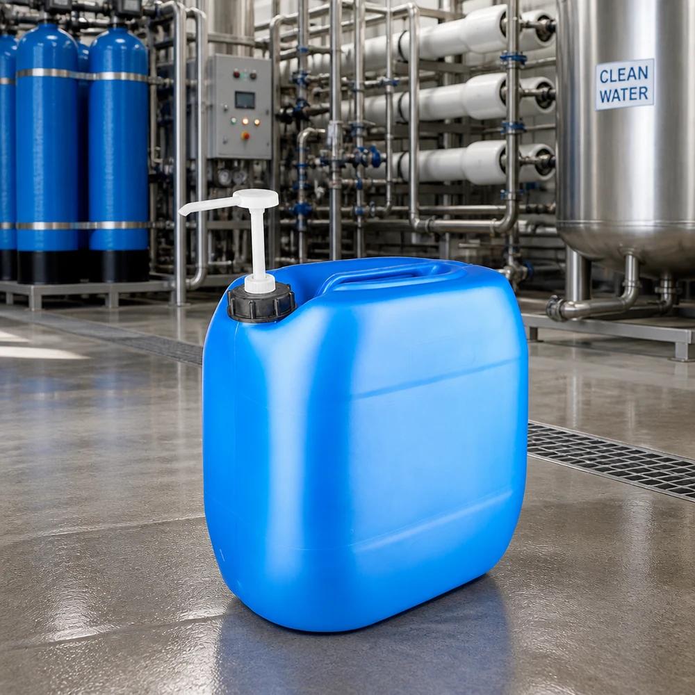 Kanisteri 30 litraa sininen annostelupumpulla. Sininen 30 litran muovikanisteri annostelupumpulla vedenkäsittelylaitoksessa, jossa on ”Clean Water” -kyltti