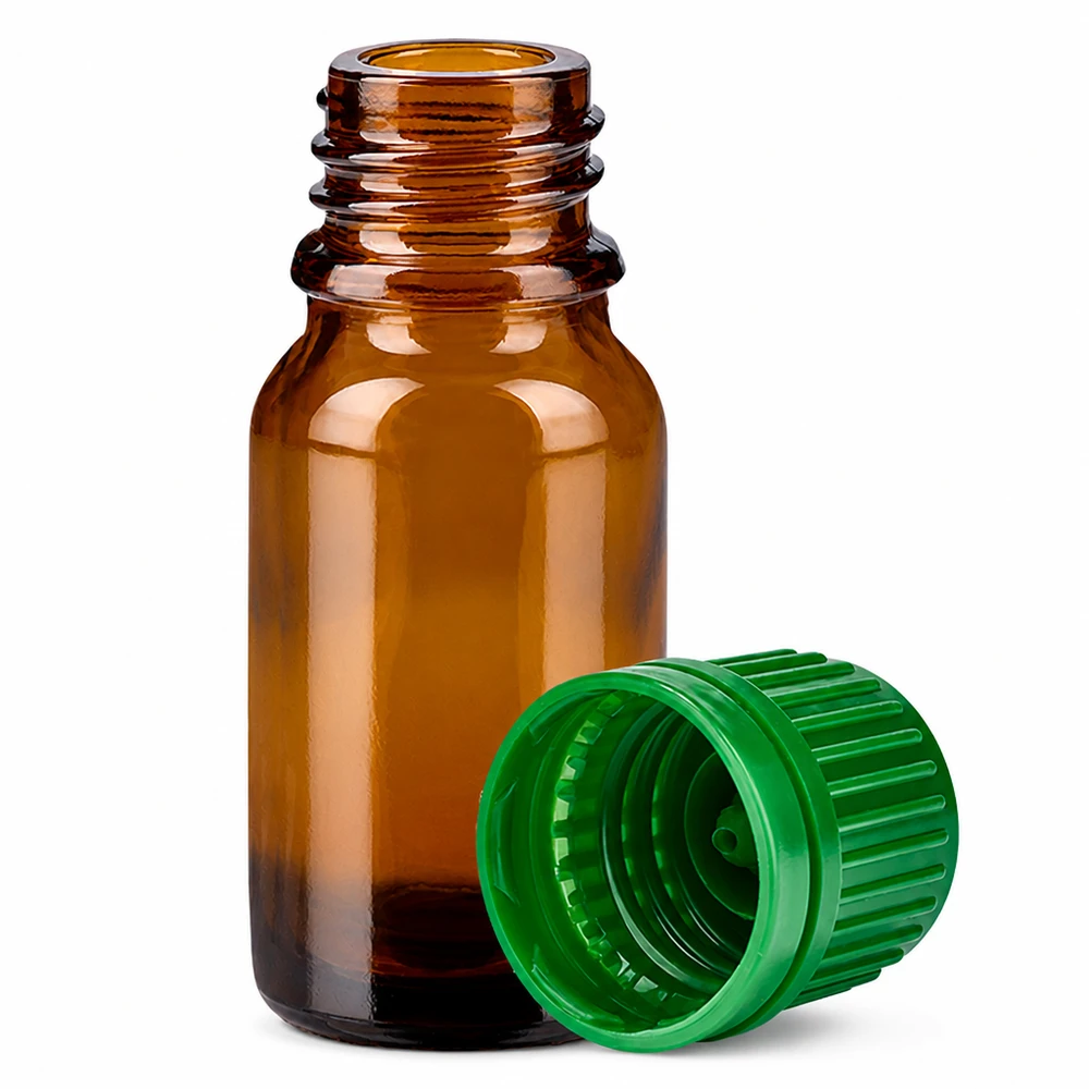 10ml apteekkipullo ruskeasta lasista, jossa vihreä korkki aromaterapiaan ja luonnonkosmetiikkaan.