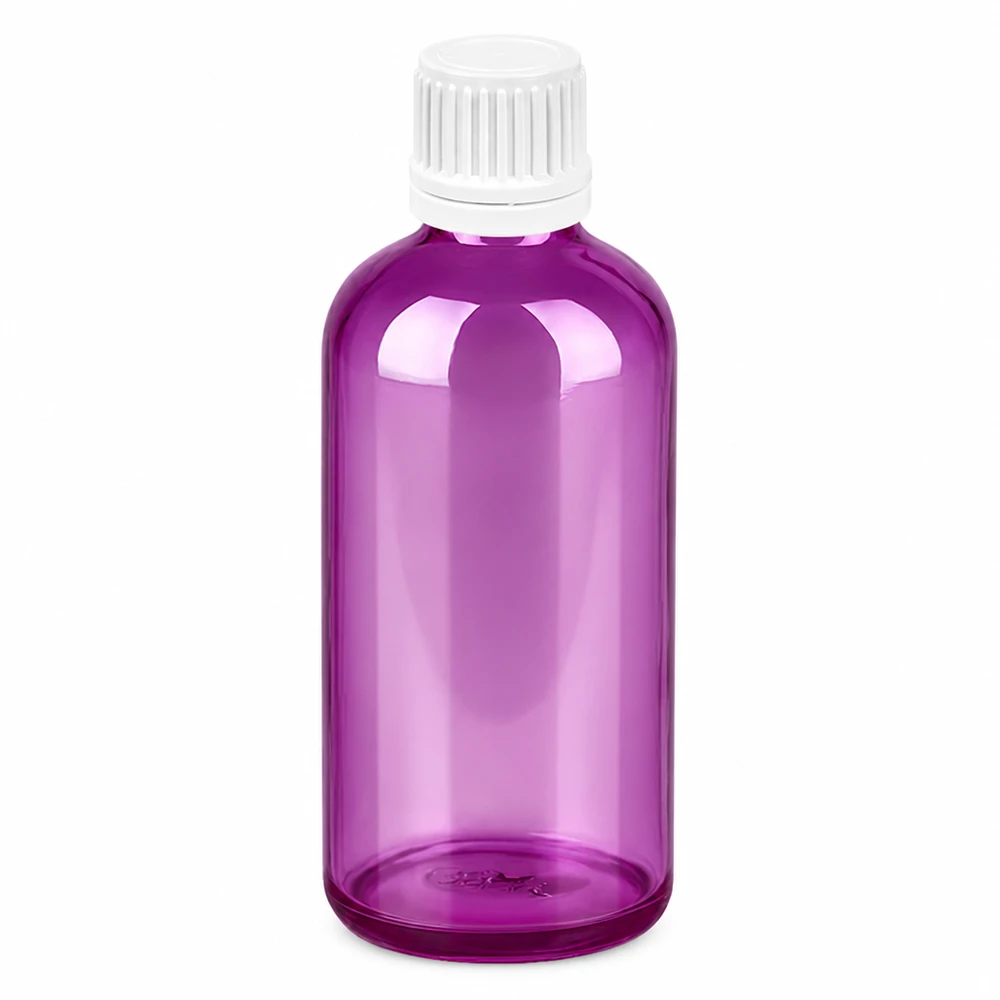 100ml lasipullo violetti läpinäkyvä valkoinen kierrekorkki 11mm eteerisille öljyille.