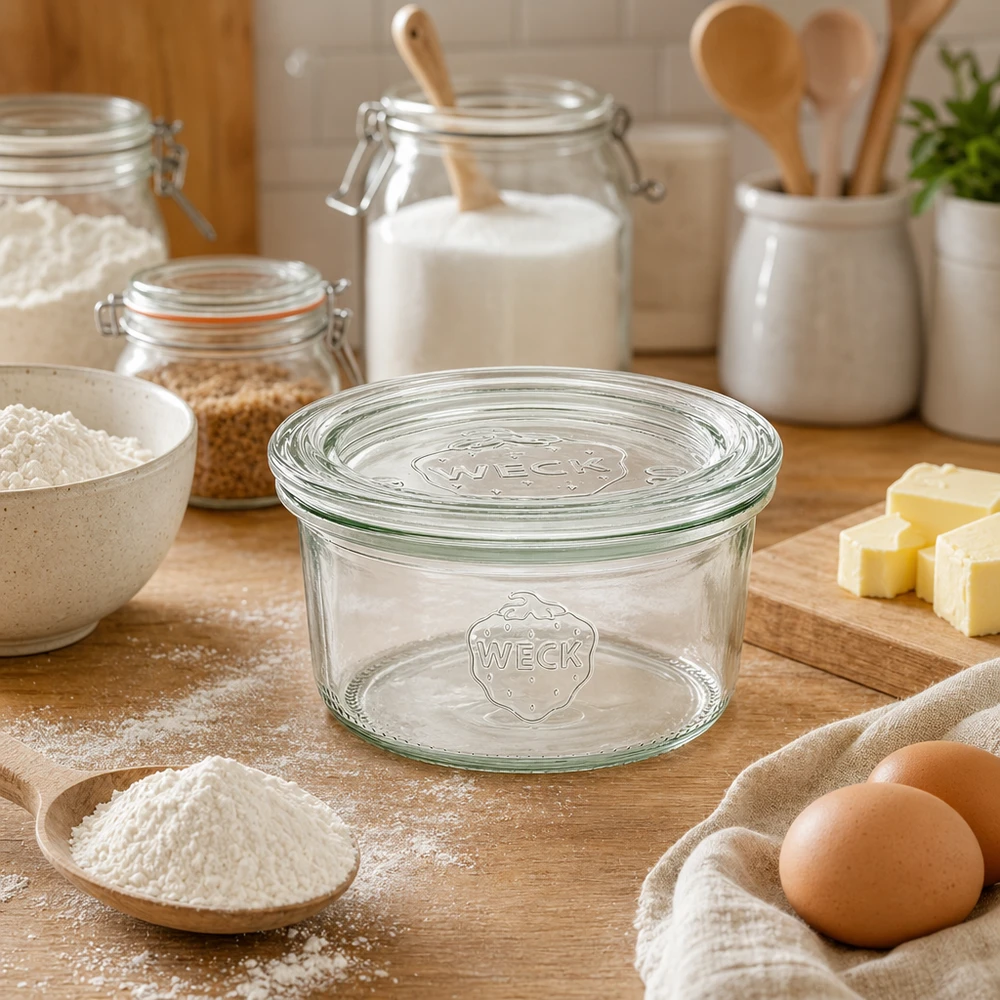 WECK 165ml RR80 lasipurkki tyhjä puulauta ympäröi leivonta-ainekset kuten jauhot munat voi keittiössä.