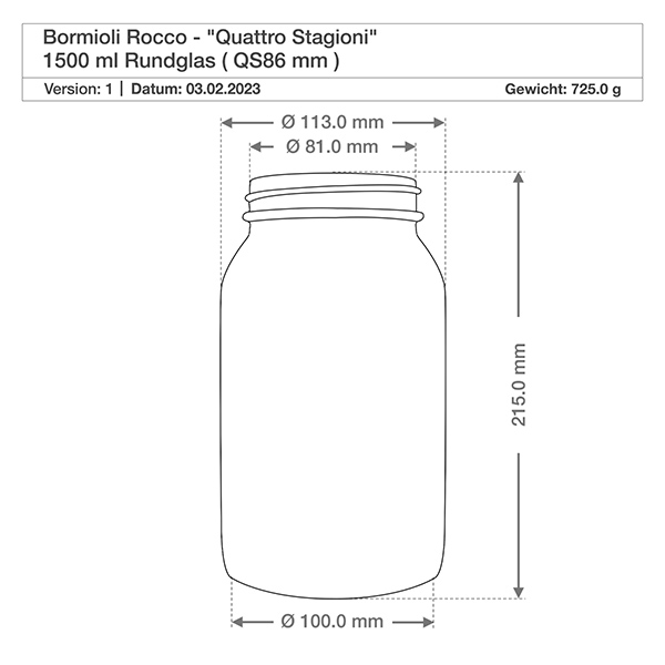 2000ml pyöreä purkki "Quattro Stagioni" kannella. Tekninen piirustus Bormioli Rocco Quattro Stagioni 1500ml round purkkipurkki - Säilykepurkin mitat ja tekniset tiedot