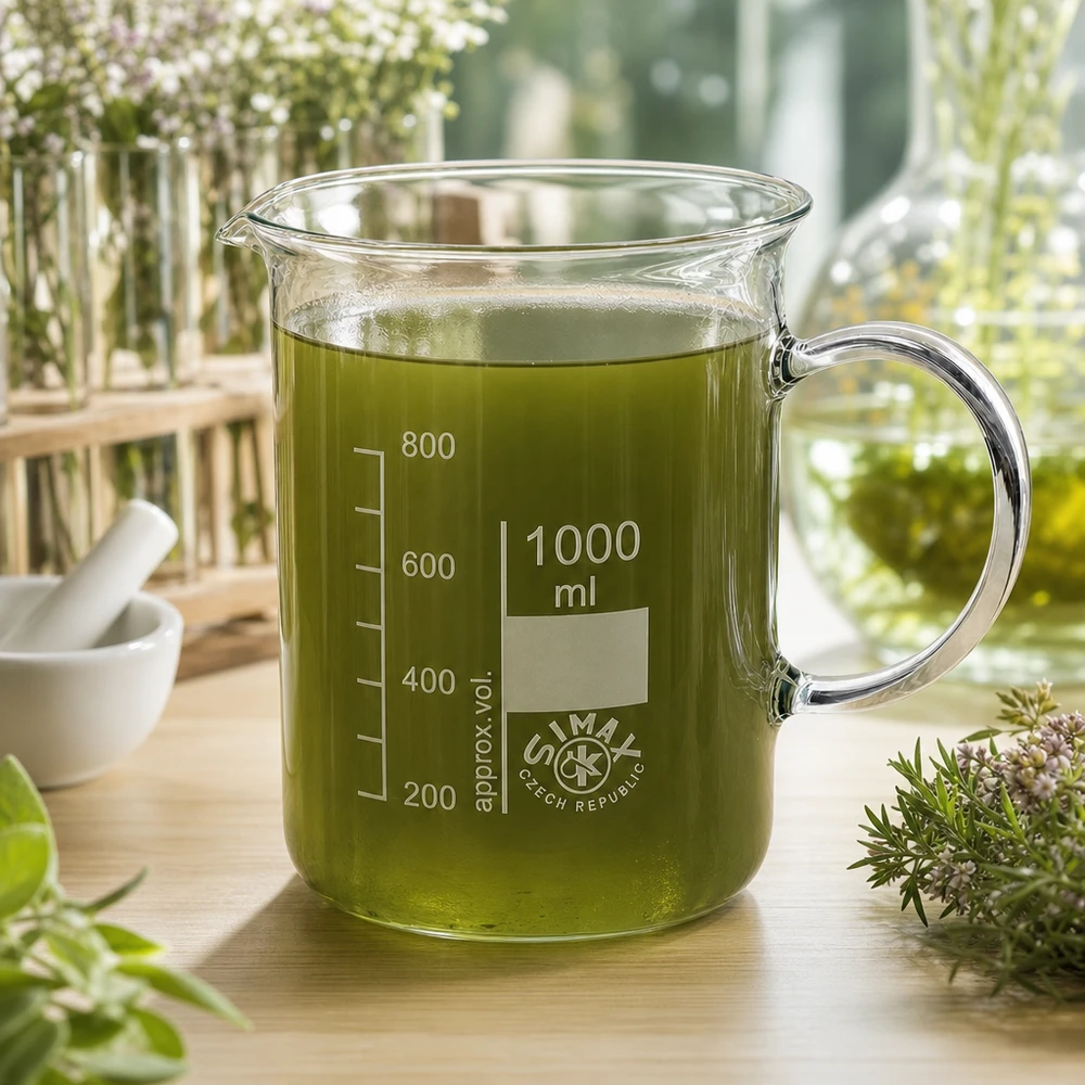 Juomalasi 1000ml borosilikaattilasi, kahvalla varustettuna 1000 ml:n kahvallinen lasi, joka on täytetty vihreällä yrttiuutteella ja jota ympäröivät tuoreet lääkekasvit