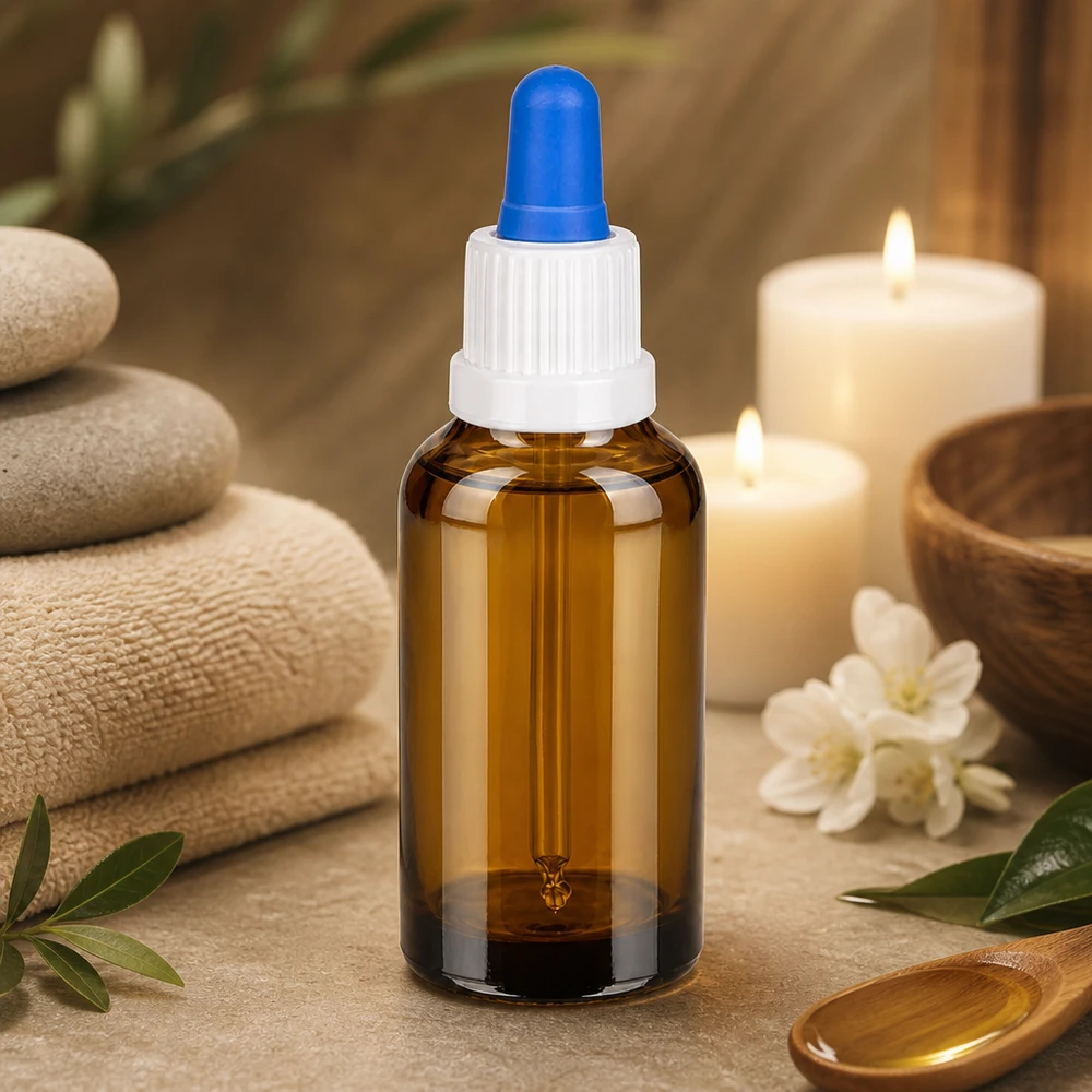 30ml pipettipullo valkoinen/sininen väärentämisen estävä sulkeminen BrownLine UT18/30 Ammattikäyttöön tarkoitettu 30 ml:n pipettipullo sinisellä kärjellä tarkkaan levitykseen kylpylöissä ja wellness-keskuksissa.
