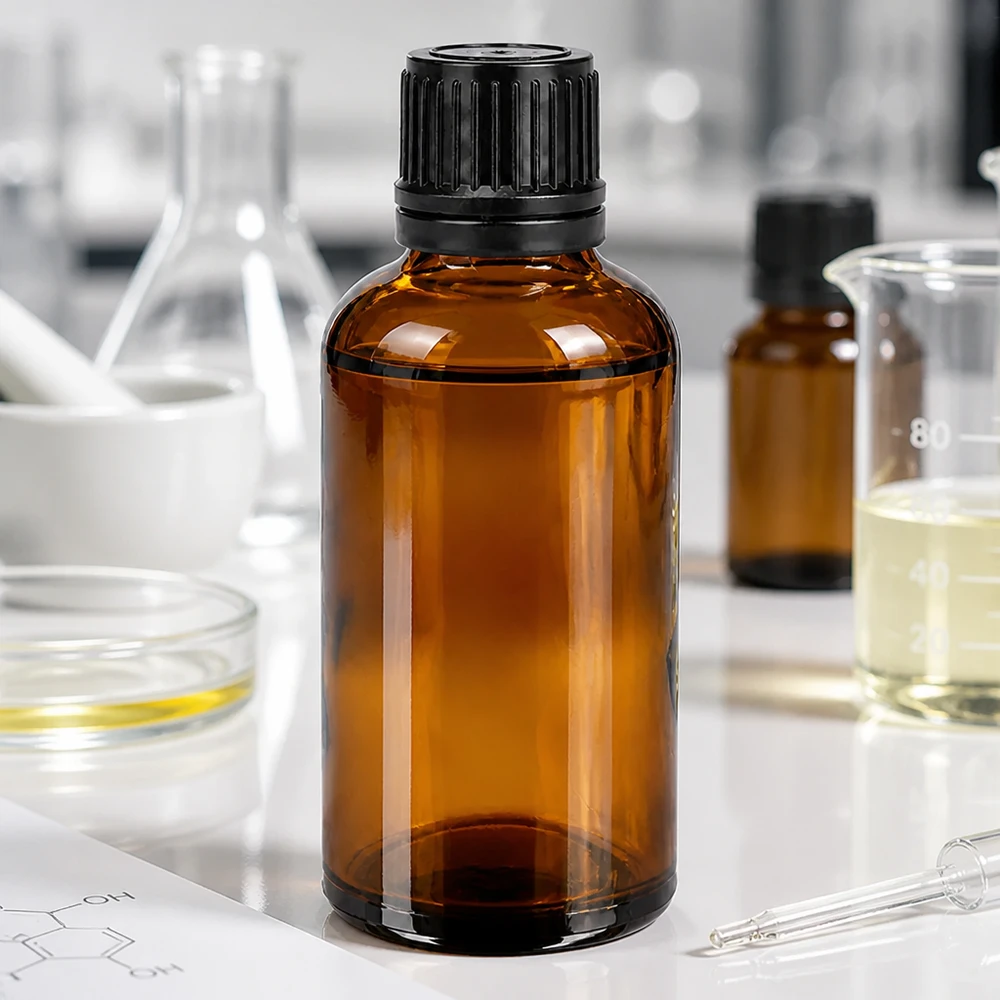 Laboratoriolaatuinen 50 ml:n meripihkanvärinen lasipullo, jossa on UV-suoja ja musta korkki turvallista säilytystä varten.