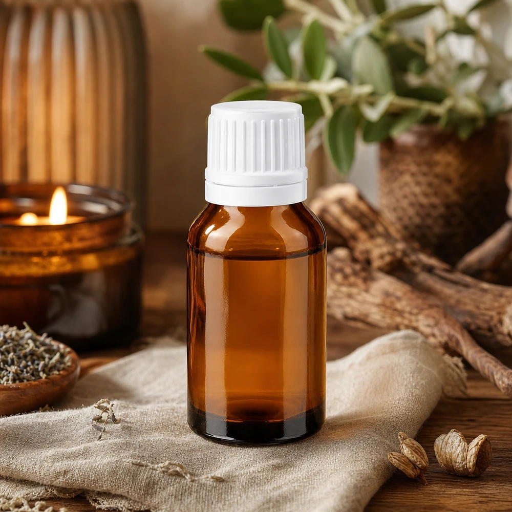 Apteekkipullo ruskea 30ml ruuvikorkki valkoinen peukalointisuojattu korkki Pieni ruskea apteekkipullo, 30 ml, valkoisella turvakorkilla, joka on kiinnitetty pellavakankaaseen