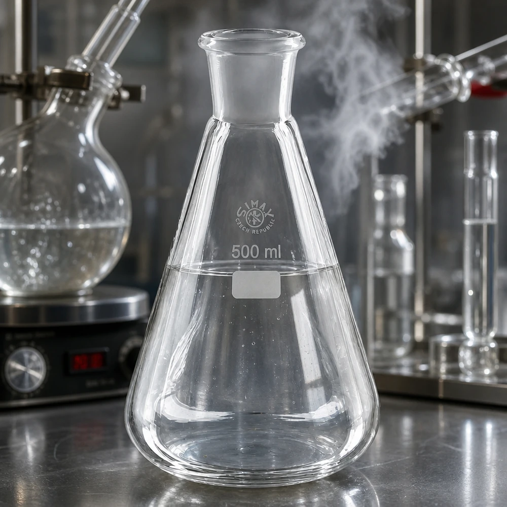 Läpinäkyvä 500 ml:n Erlenmeyer-pullo, jossa on vakiohiottu liitos 29/32 kemiallisiin kokeisiin.