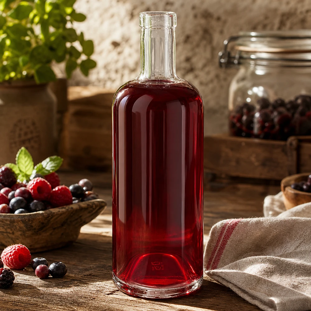 750ml Glasflasche "Attila" ohne Verschluss UNiTWIST® 750ml Emma-lasipullo täynnä punaista marjamehua, jota ympäröivät tuoreet marjat ja maalaismainen keittiökoristeilu.