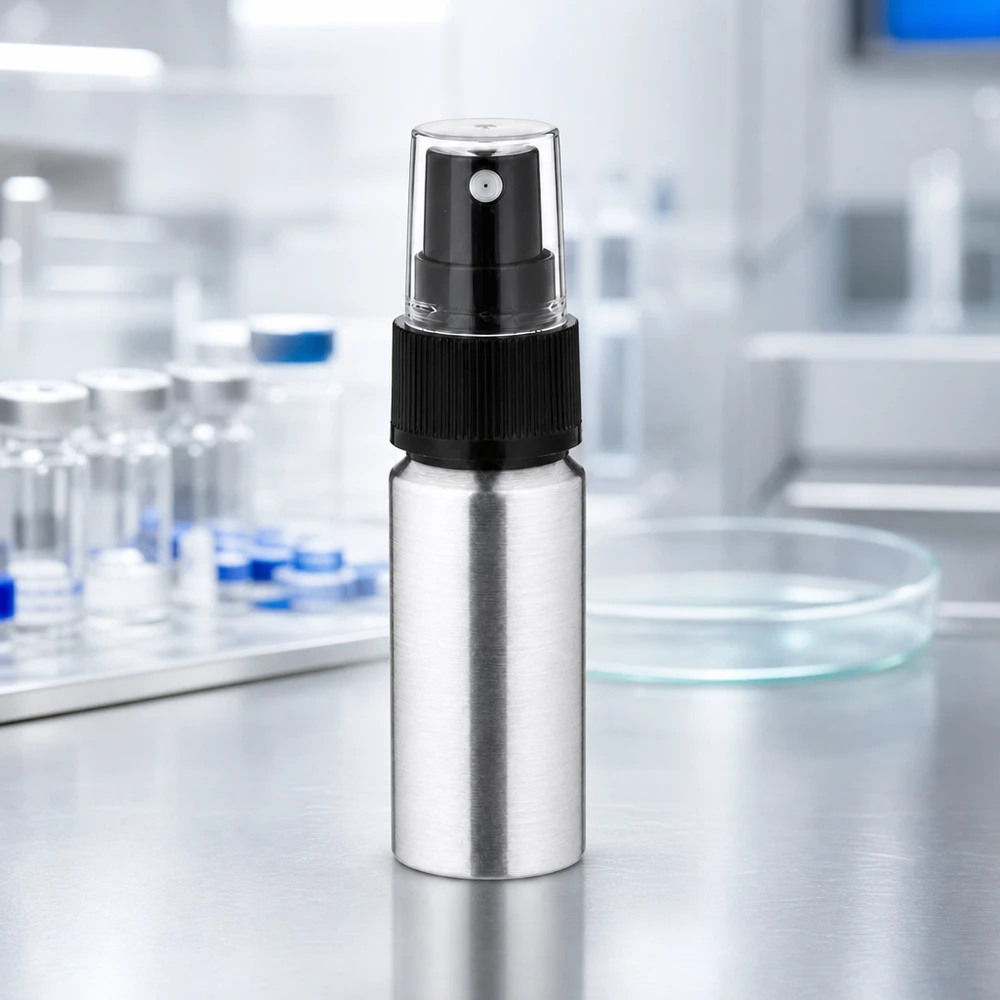 20ml kiillotettu alumiinipullo, jossa on sumutin. Ammattikäyttöön tarkoitettu 20 ml:n alumiinipullo, jossa on sumutin - ihanteellinen laboratorioympäristöihin ja lääketieteellisiin sovelluksiin.
