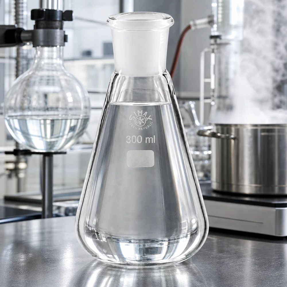Erlenmeyerpullo 300ml, jossa on valkoinen tulppa ja vakiohiottu liitos 29/32 tarkkaan laboratoriotyöskentelyyn.
