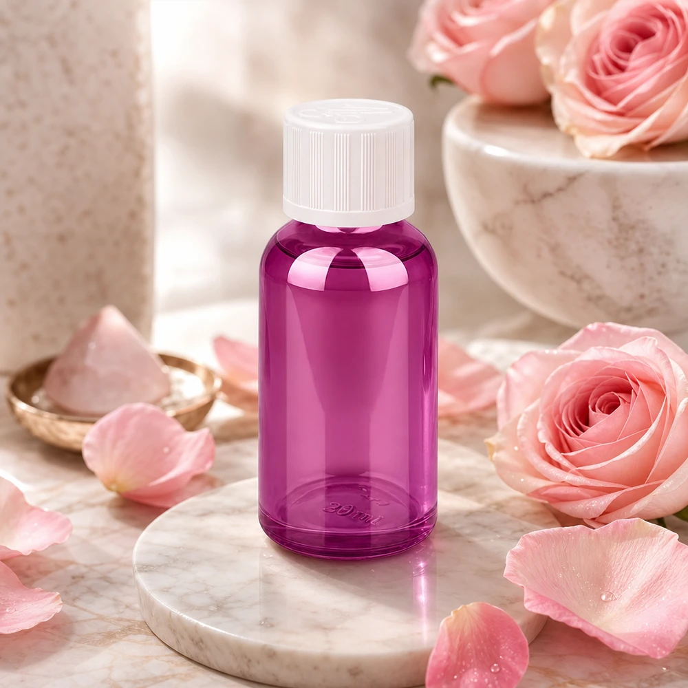 30ml pullo korkealaatuista borosilikaattilasia tyylikkäässä violetissa värissä kosmetiikkaan ja aromaterapiaan.