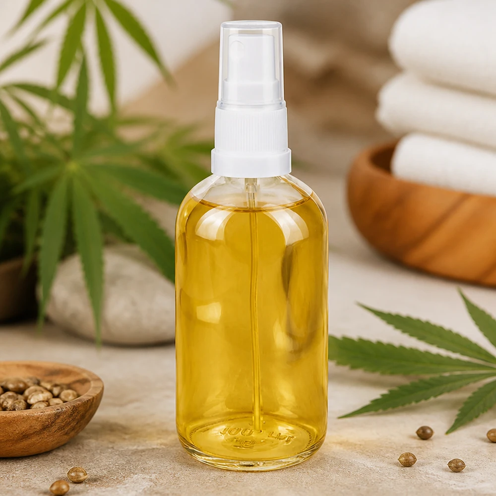 100ml suihkepullo valkoinen/läpinäkyvä vakiokorkki ClearLine UT18/100 Hampunsiemenöljy 100 ml:n lasipullossa, jossa on valkoinen sumutinpää – ClearLine UT18 -luonnonkosmetiikkapakkaus