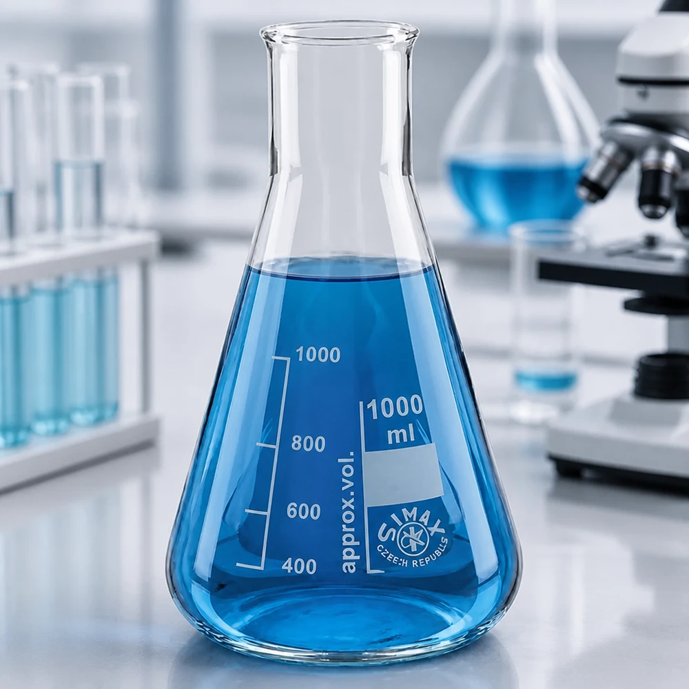 Erlenmeyer-pullo 100ml leveä kaulaosa Kartiomainen Erlenmeyer-pullo 100ml leveä kaula, jossa on sinistä nestettä modernissa laboratorioympäristössä.