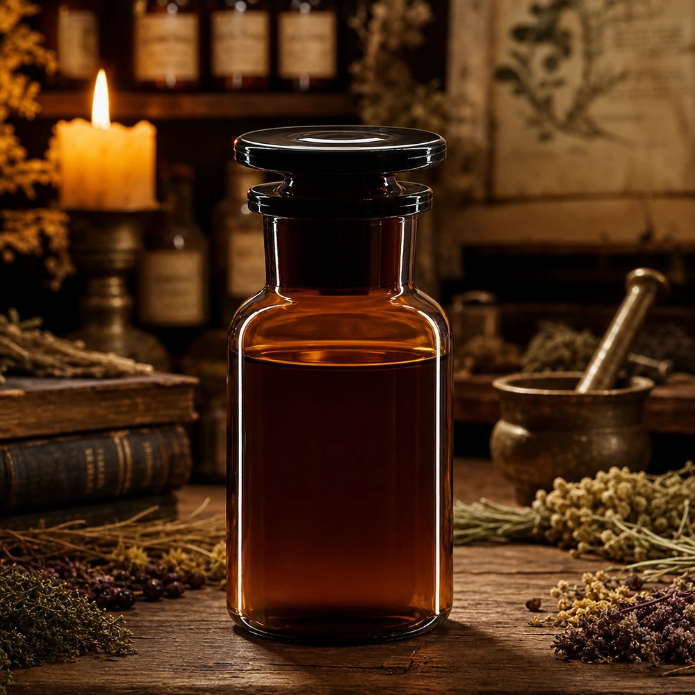 Leveäkaulainen ruskea lasipullo, 100 ml, korkilla, yrttiuutteille ja tinktuureille