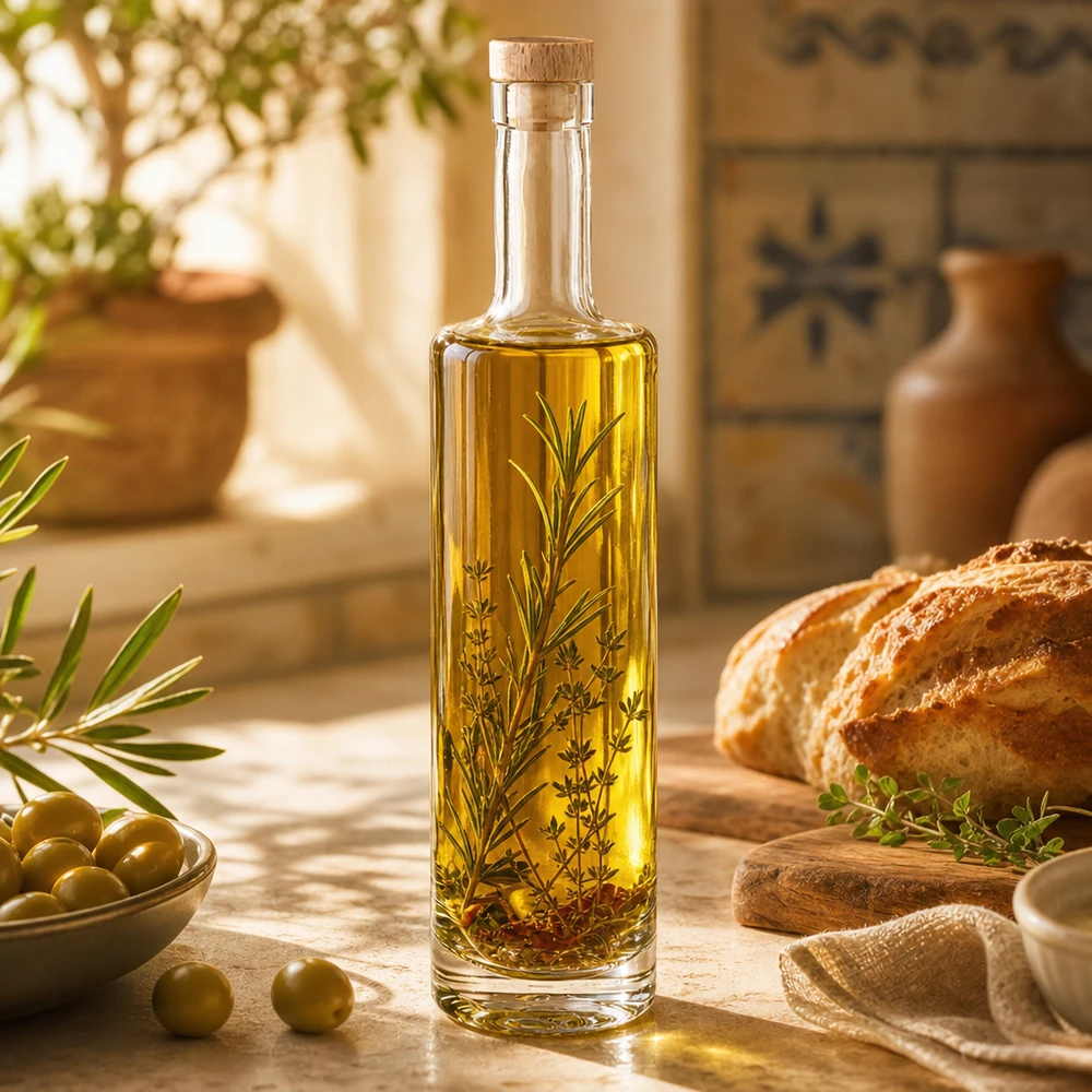 500ml Glasflasche "Lina" mit Holzgriff-Korken UNiTWIST 500ml Glasflasche Lina mit Holzkorken gefüllt mit Kräuteröl mediterrane Küche Oliven Brot rustikale Atmosphäre