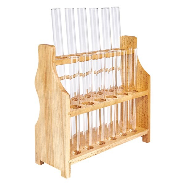 Puinen koeputkiteline, jossa on 12 koeputkea sekä soodakalkki 160x16 Puinen koeputkiteline, jossa on 12 koeputkea sekä soodakalkki 160x16
