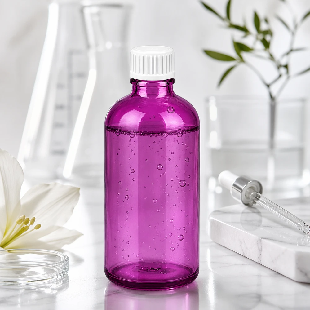 100ml (pallopullo) pullo 3mm kaaderengas valkoinen Standard PurpleLine. UT18/100 100 ml:n laboratoriopullo korkealaatuisesta lasista violetissa värissä farmaseuttisiin sovelluksiin.