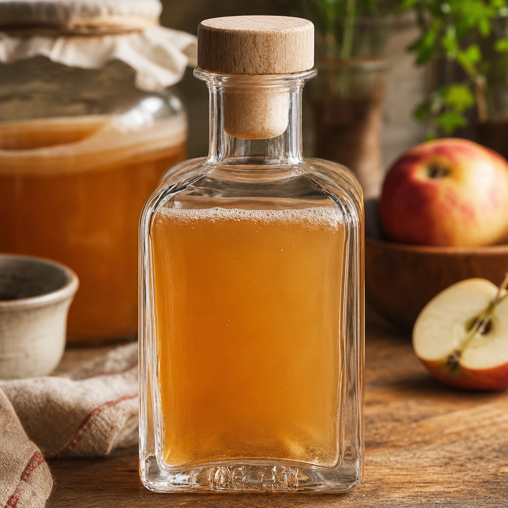 200ml Glasflasche "Clara" mit Holzgriff-Korken UNiTWIST 200ml lasipullo Clara täynnä omenamehua puukorkki omenaviipaleet maalaismainen keittiö luonnolliset mehut koristeellinen pullo